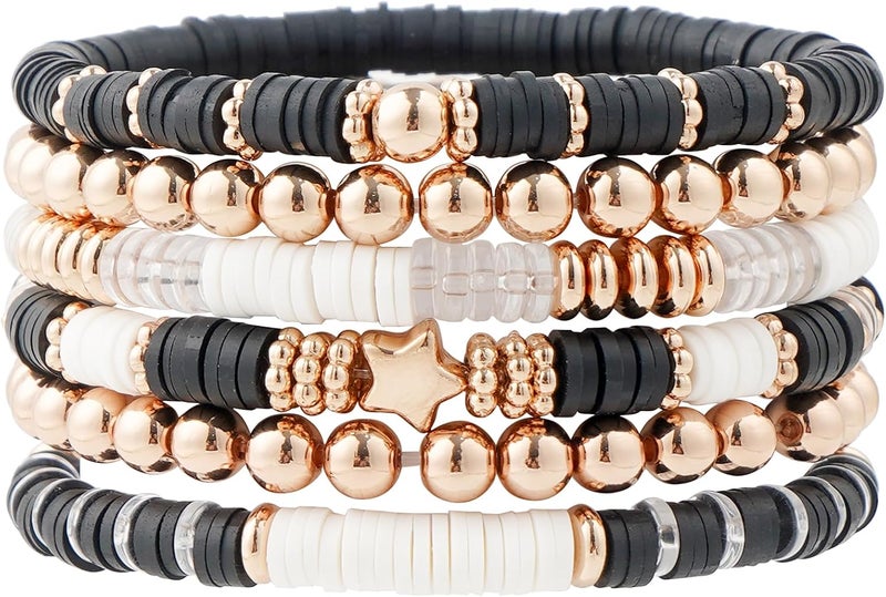 GOOJIDS Surfer Heishi Clay Bead Bracelets for Women Bohemian Stackable Gold Plated Beaded Stretch Bracelets Elastic Layering Friendship Bracelets Set Boho Jewelry - Image 1